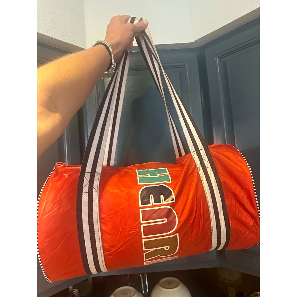 Henri Bendel Orange Nylon Logo Duffle Bag Striped Weekender Travel Gym Bag